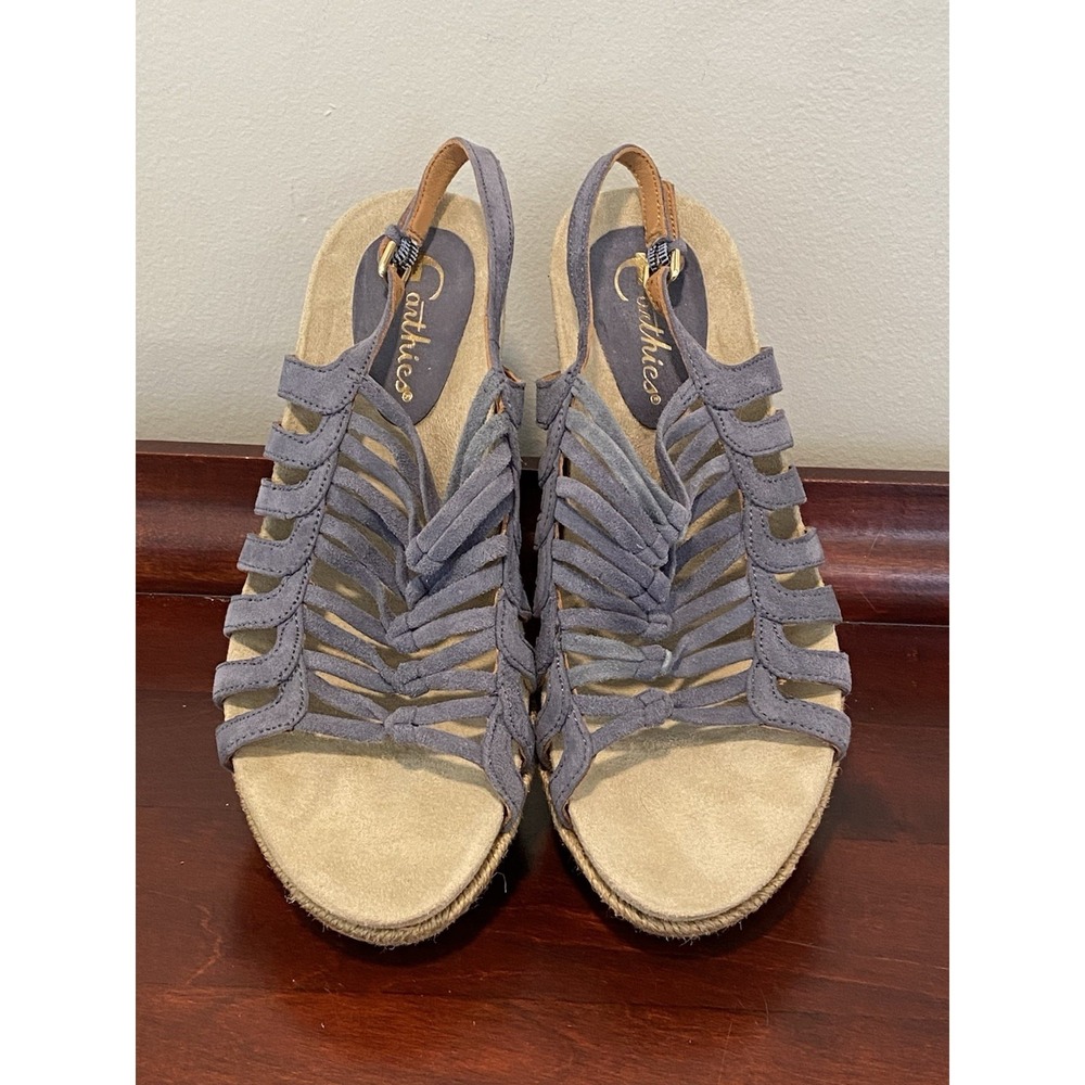Earthics Saletta Seaport Blue Suede Leather Espadrille Wedge Size 6.5R KZ513